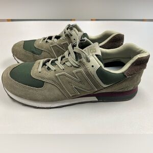 New Balance 574 Olive Beige White Maroon Men's Athletic Sneaker Suede Mesh Upper